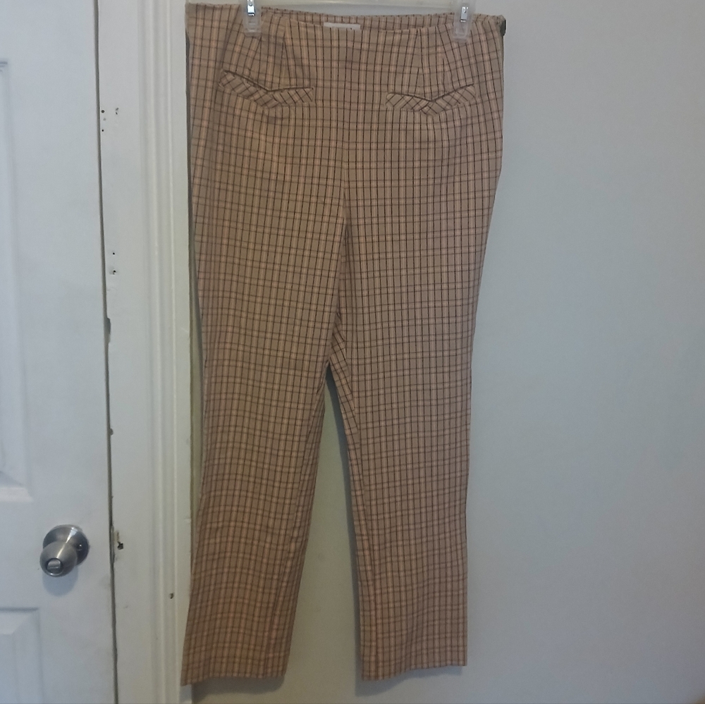 Anthropologie Essential Slim Tan, Pink And Yellow Plaid Pants